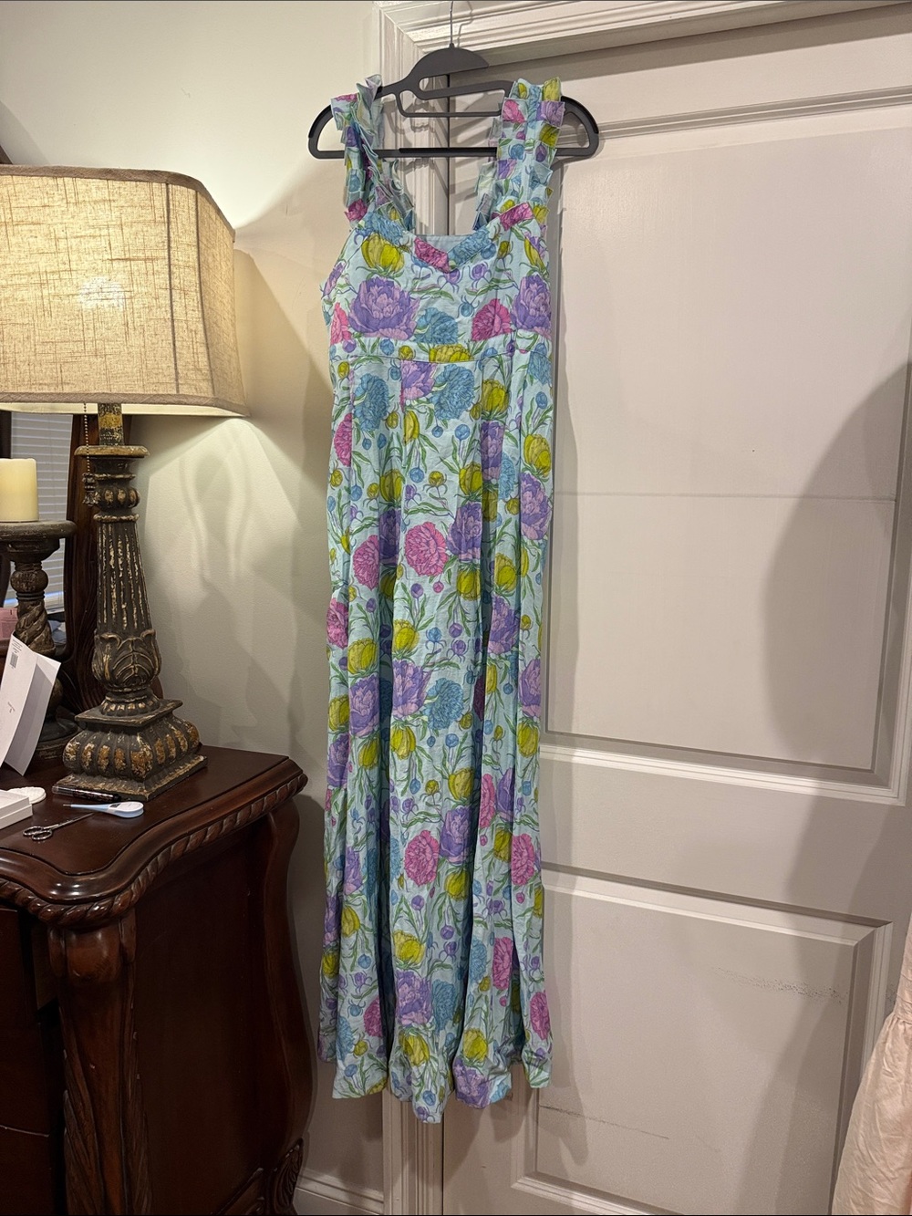 Light Blue Floral Maxi Dress with Purple & Green Blooms Emily McCarthy